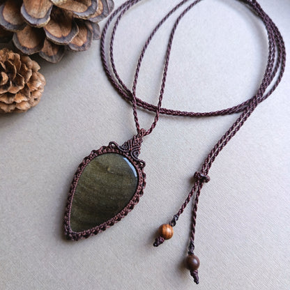 Golden Sheen Obsidian Macrame Necklace | Pendant size 6 cm