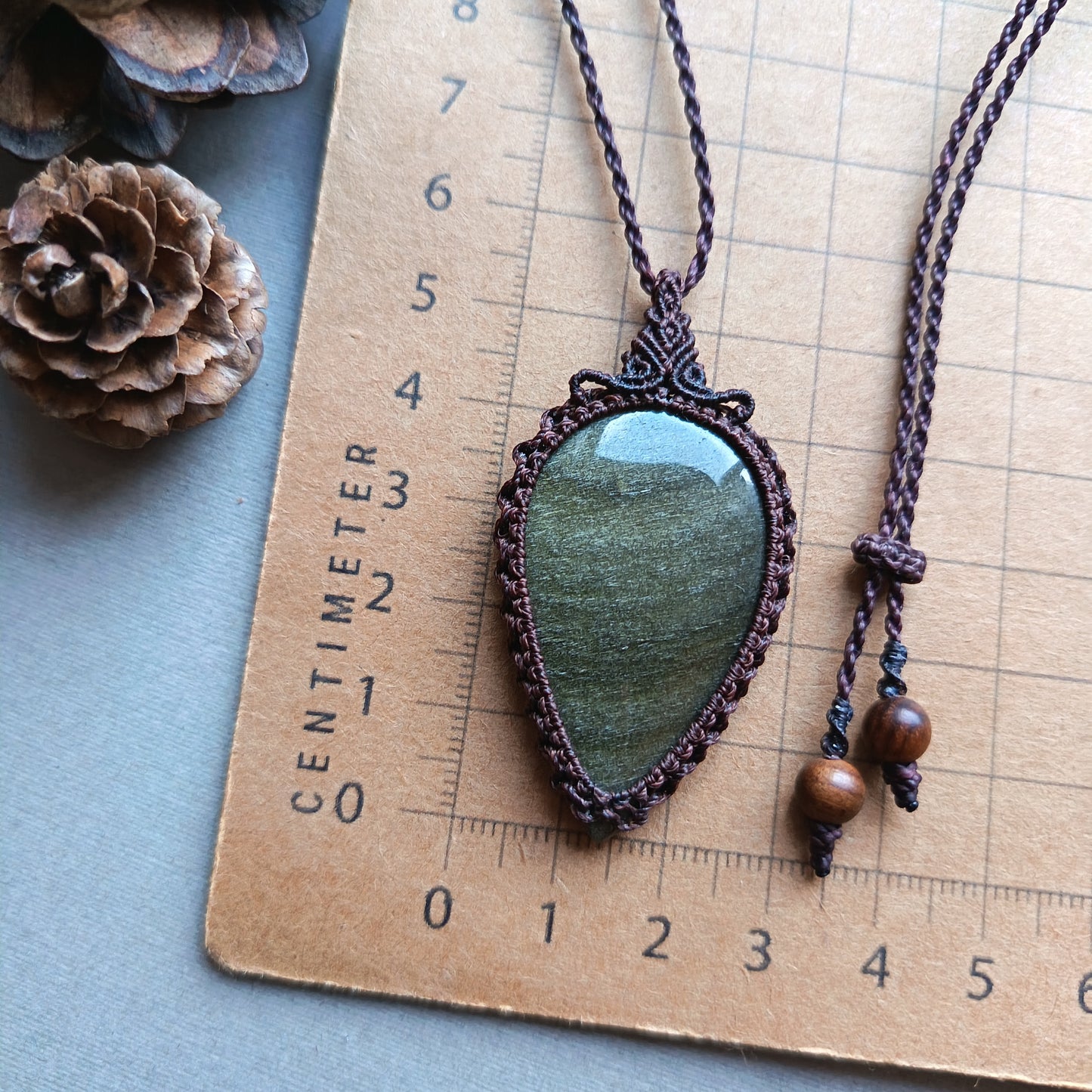 Golden Sheen Obsidian Macrame Necklace | Pendant size 6 cm