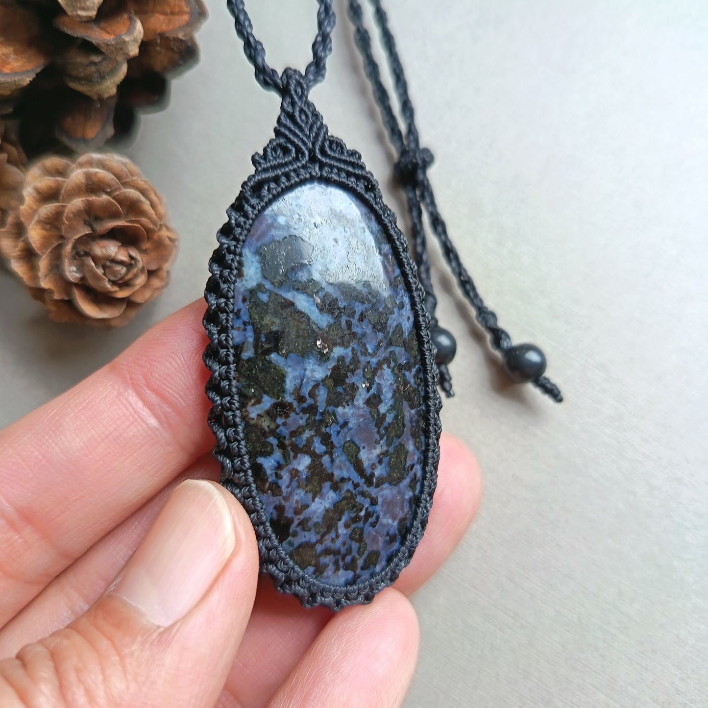 Gabbro Jasper Macrame Necklace  | Pendant size 6.7 cm