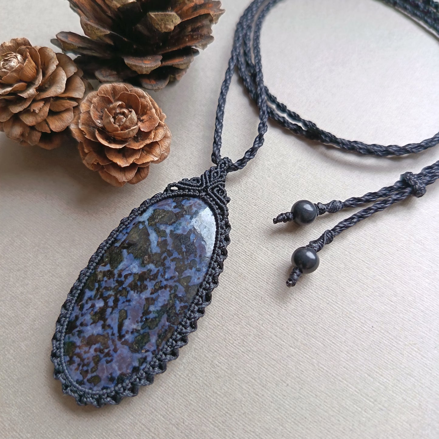 Gabbro Jasper Macrame Necklace  | Pendant size 6.7 cm