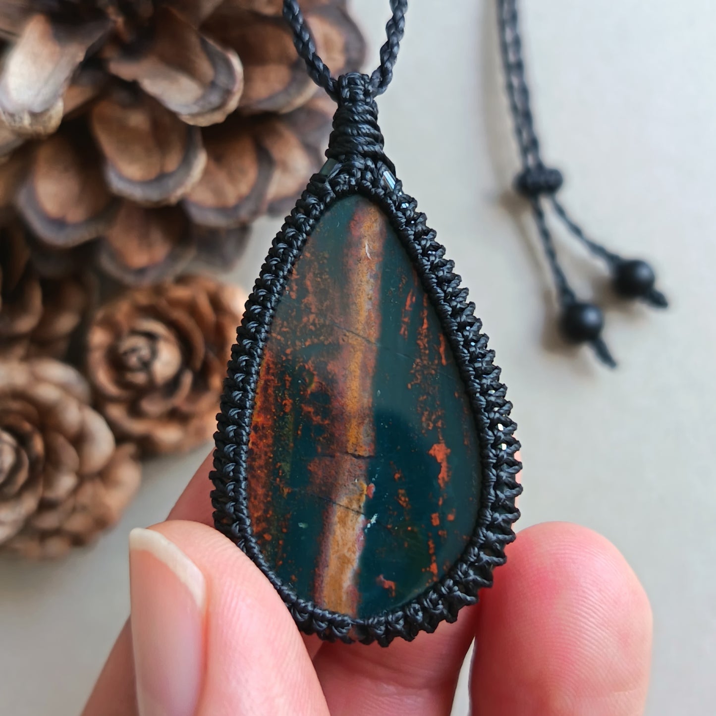 Bloodstone Macrame Necklace | Pendant size 4.8 cm