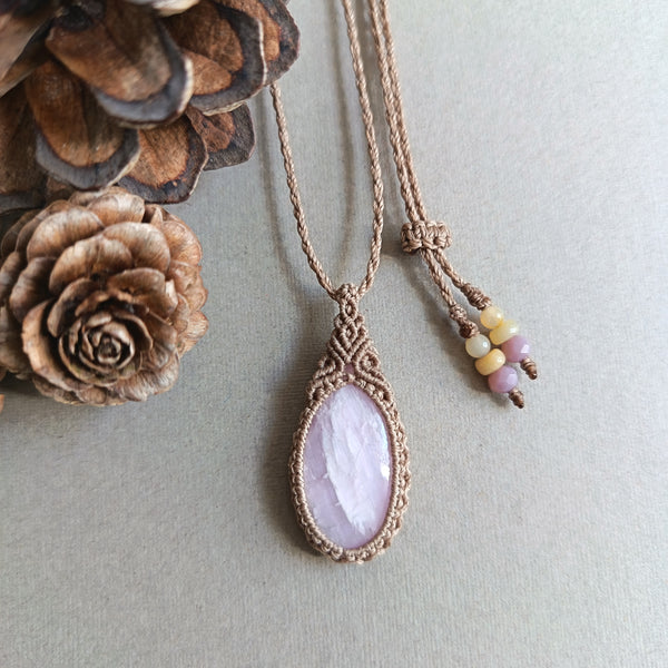 Kunzite Macrame Necklace | Pendant size approx 3.8 cm