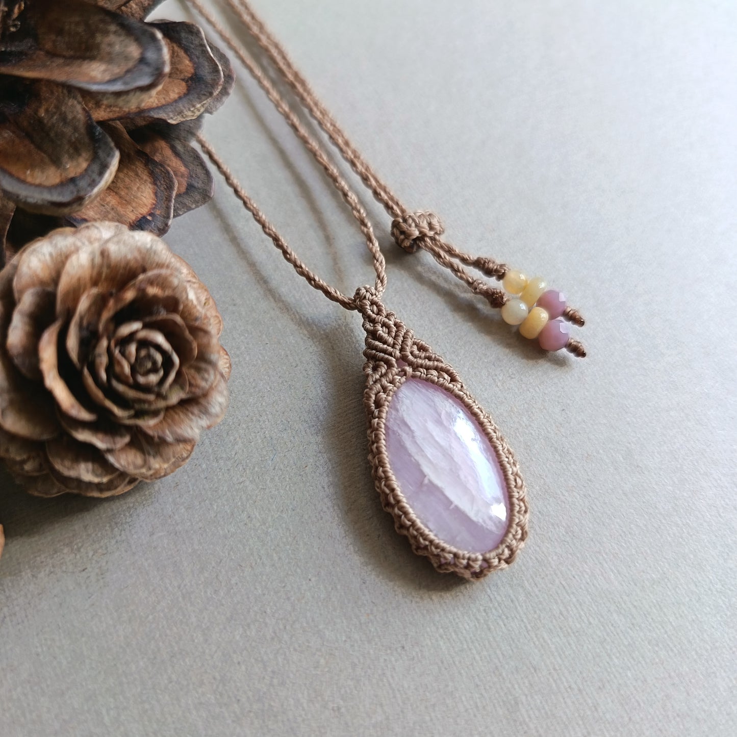 Kunzite Macrame Necklace | Pendant size approx 3.8 cm