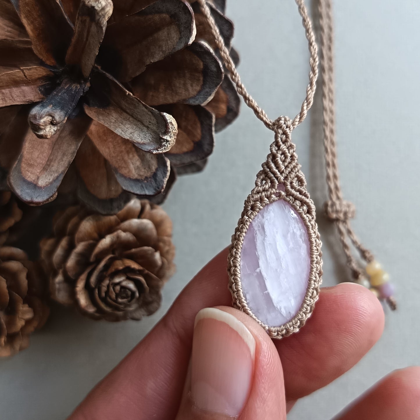 Kunzite Macrame Necklace | Pendant size approx 3.8 cm