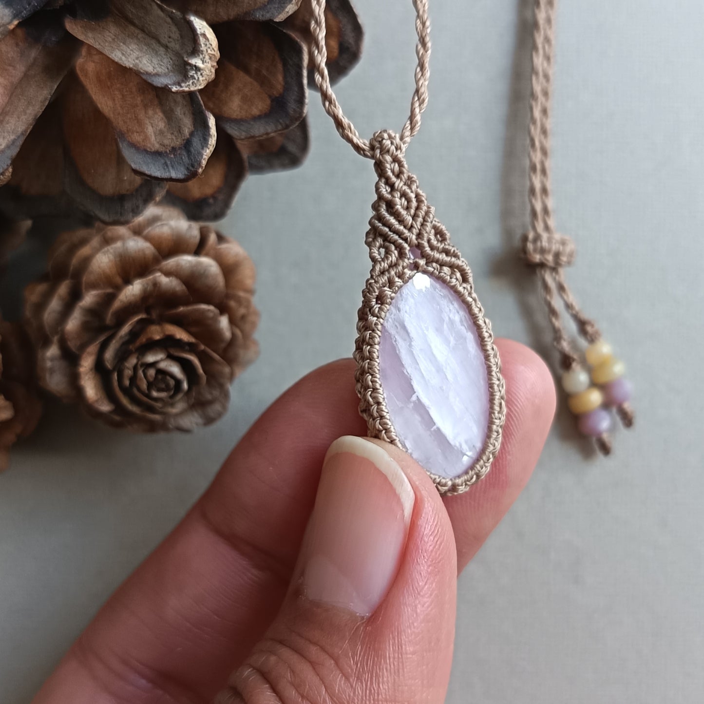 Kunzite Macrame Necklace | Pendant size approx 3.8 cm