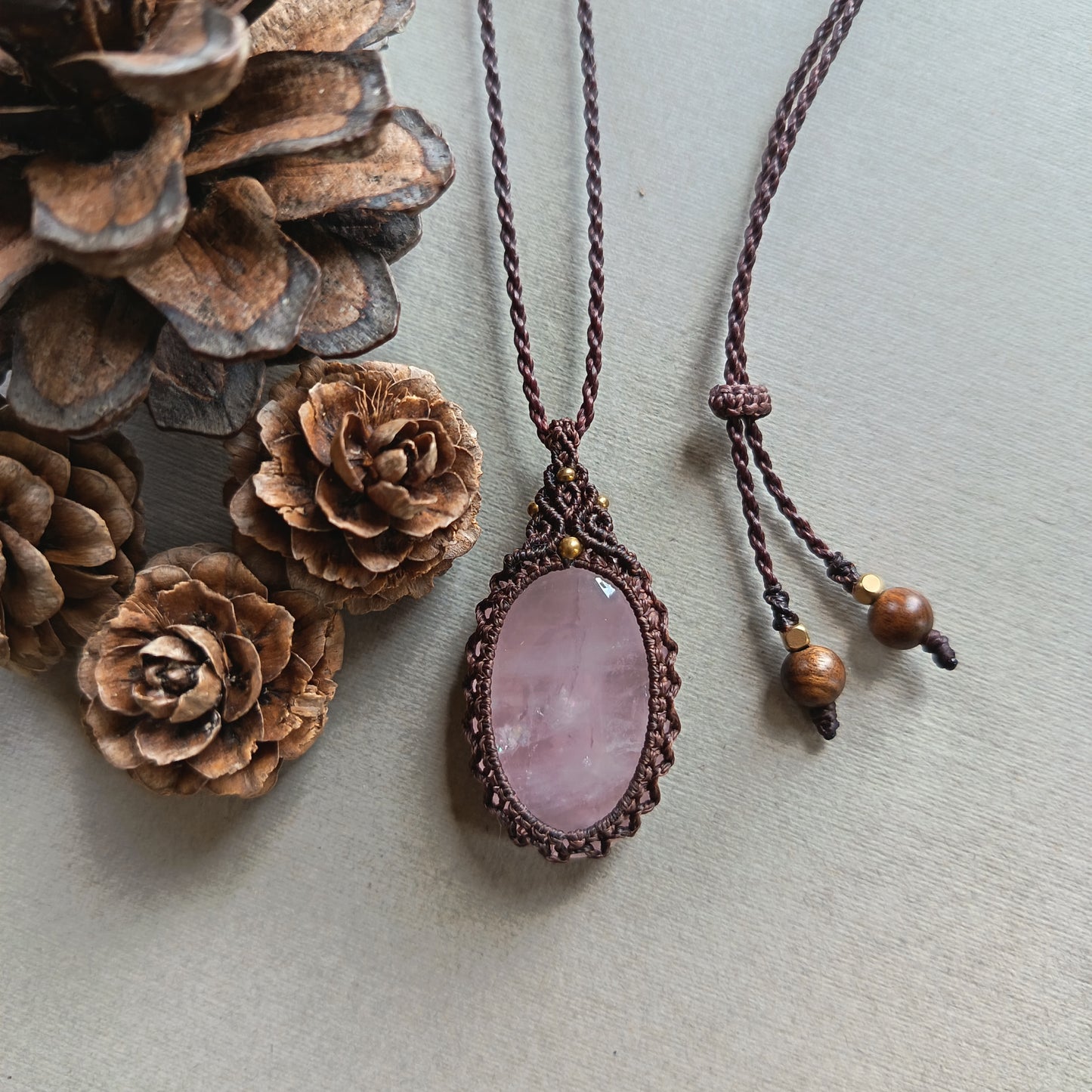 Rose Quartz Macrame Necklace | Pendant size approx 4.3 cm