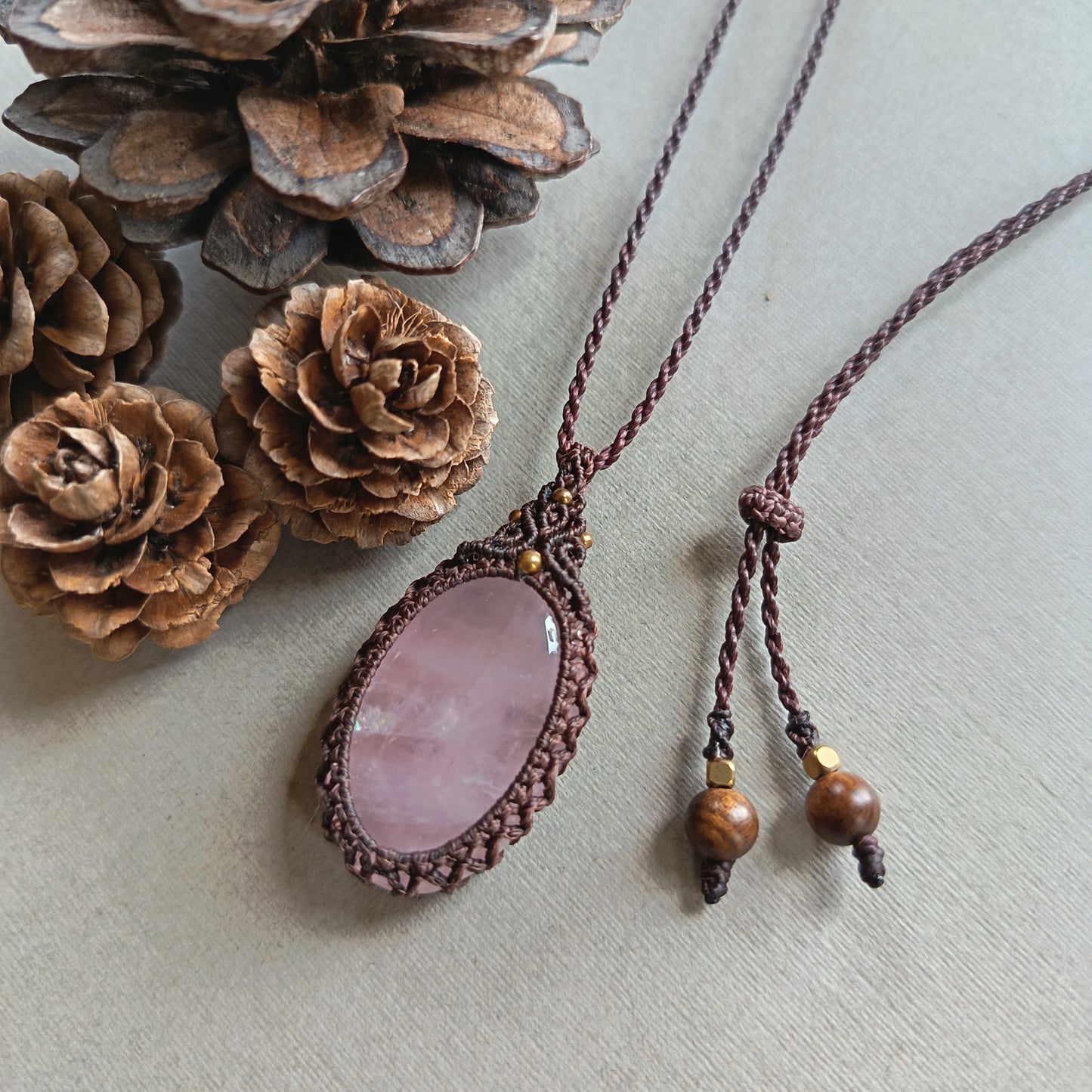 Rose Quartz Macrame Necklace | Pendant size approx 4.3 cm