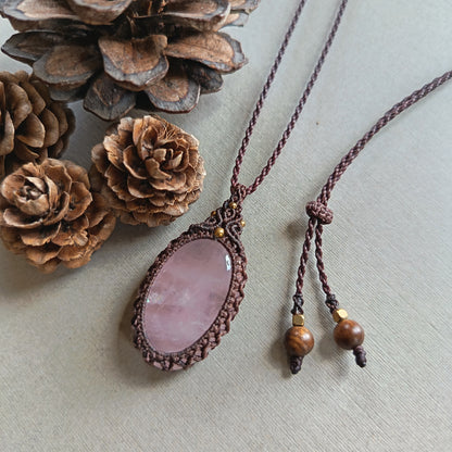 Rose Quartz Macrame Necklace | Pendant size approx 4.3 cm