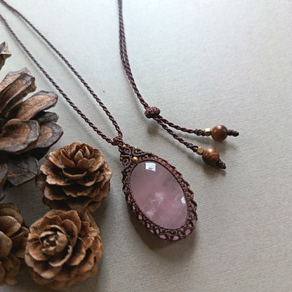 Rose Quartz Macrame Necklace | Pendant size approx 4.3 cm