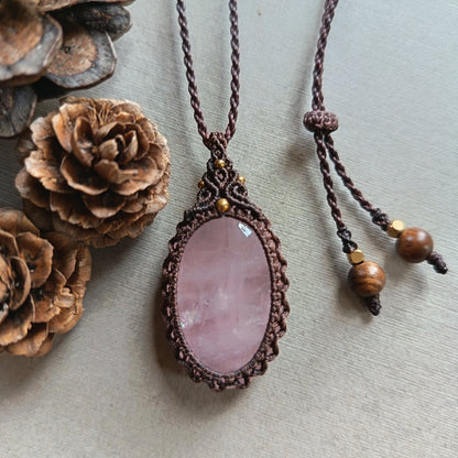 Rose Quartz Macrame Necklace | Pendant size approx 4.3 cm
