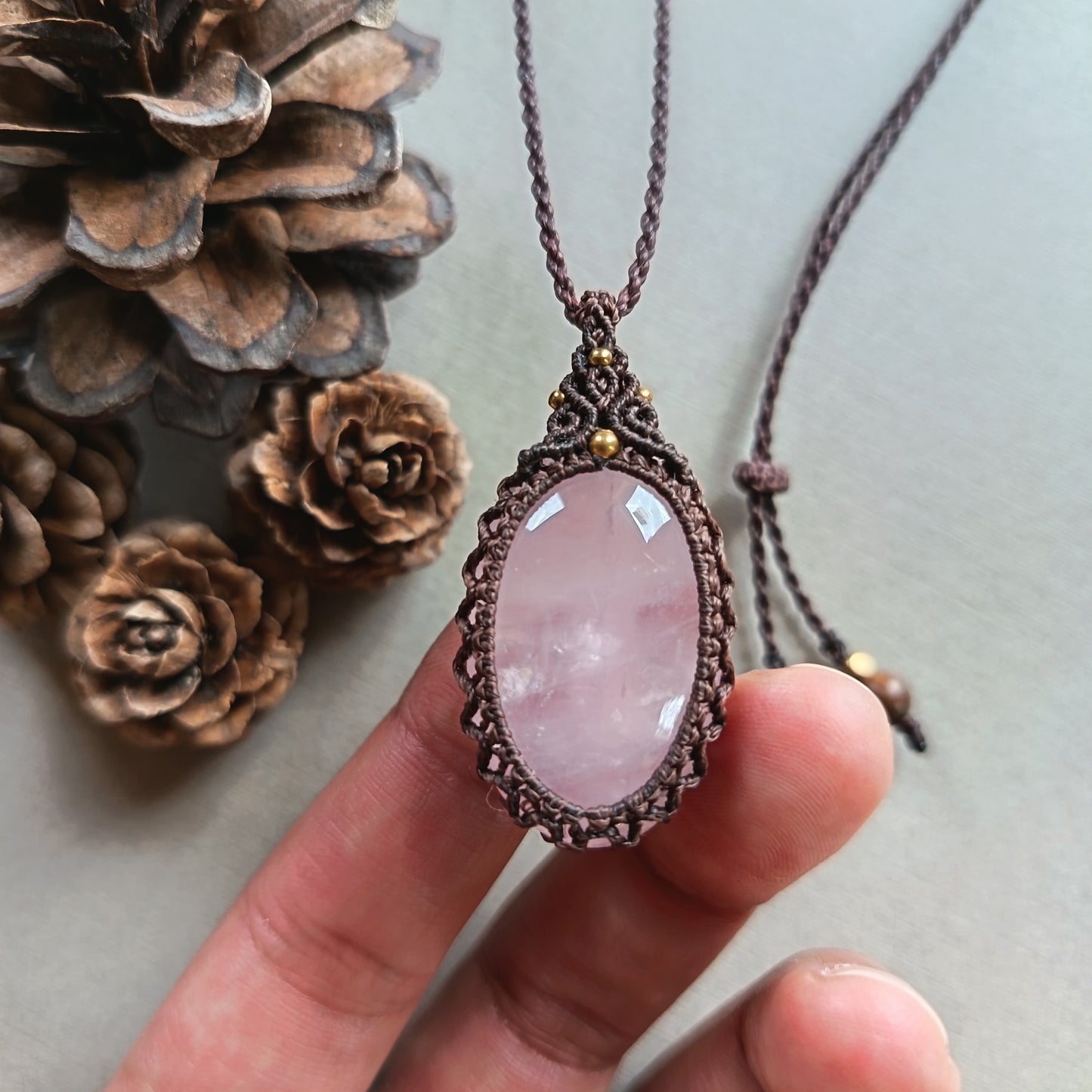 Rose Quartz Macrame Necklace | Pendant size approx 4.3 cm