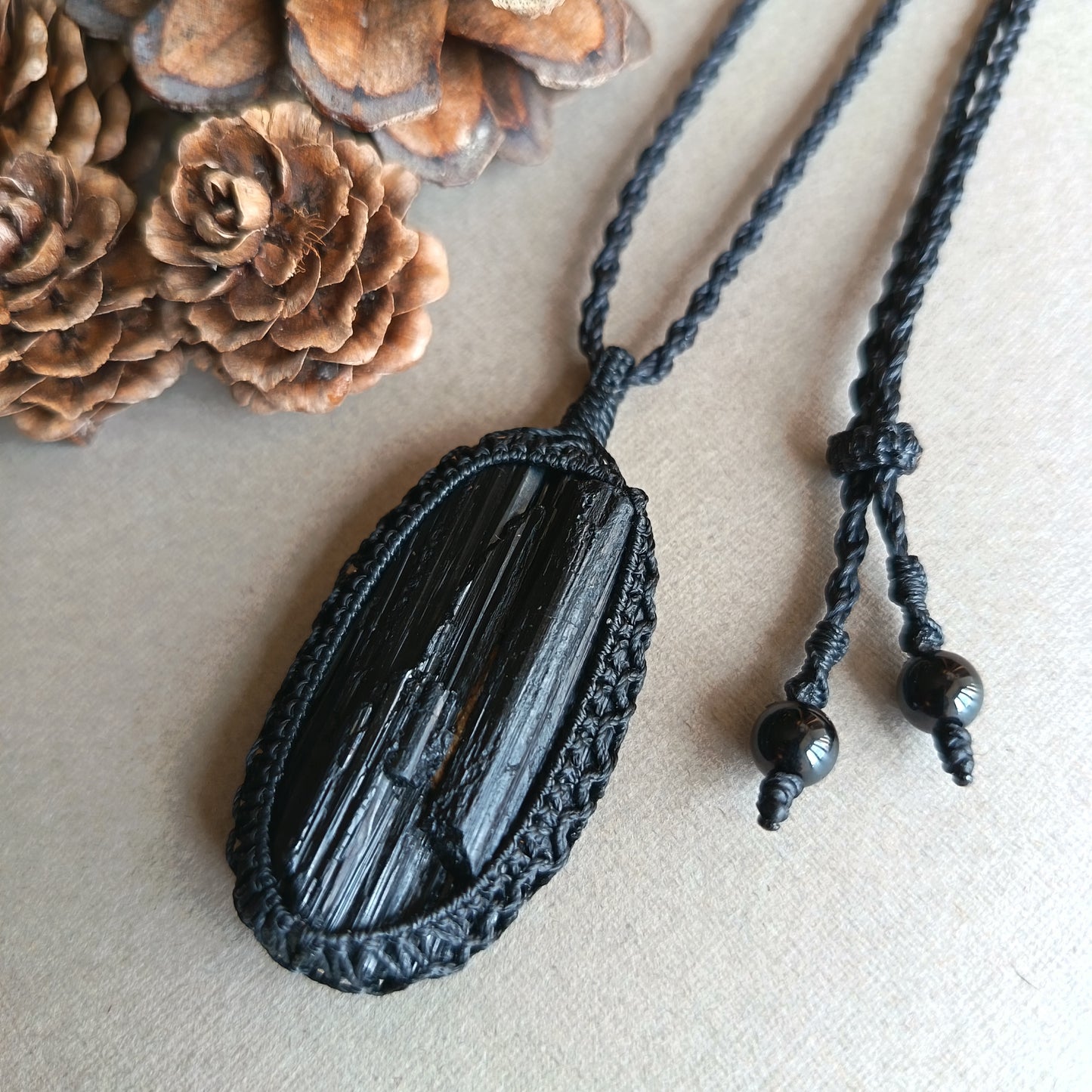 Black Tourmaline Macrame Necklace | Pendant size 5.7 cm