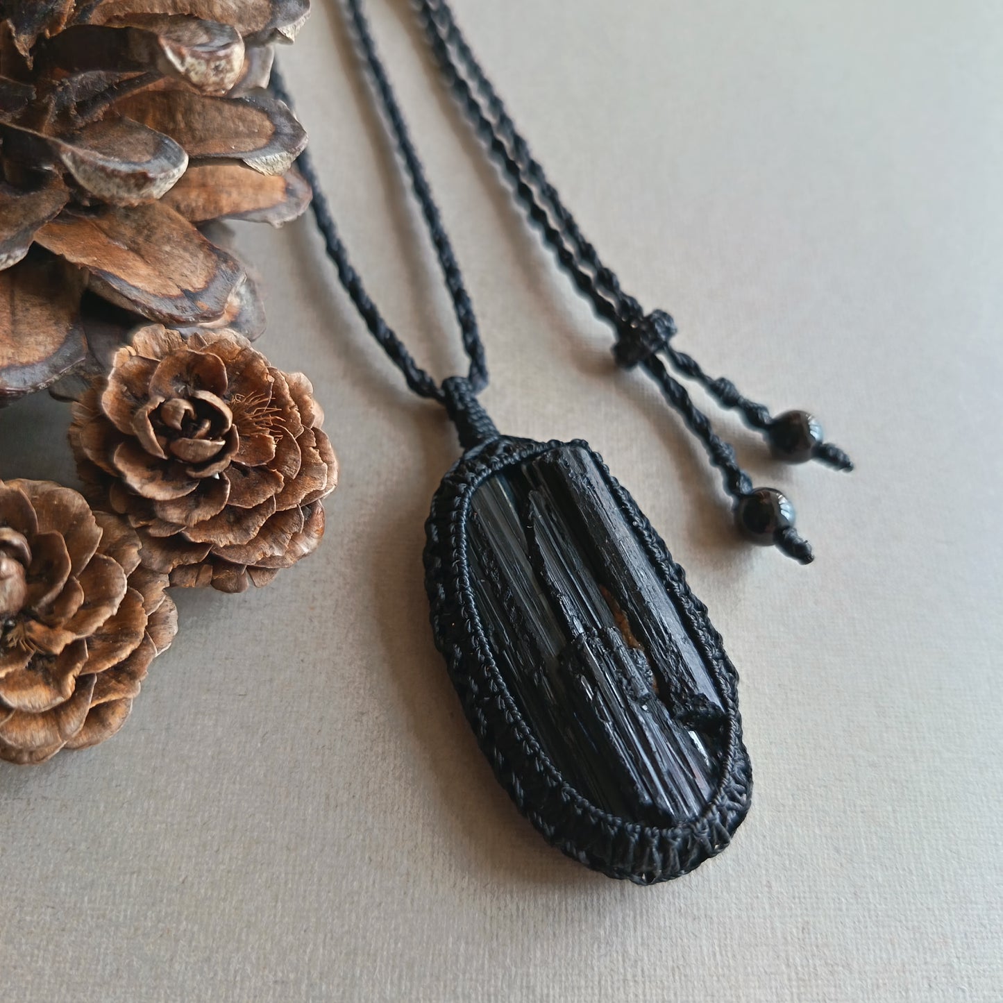 Black Tourmaline Macrame Necklace | Pendant size 5.7 cm