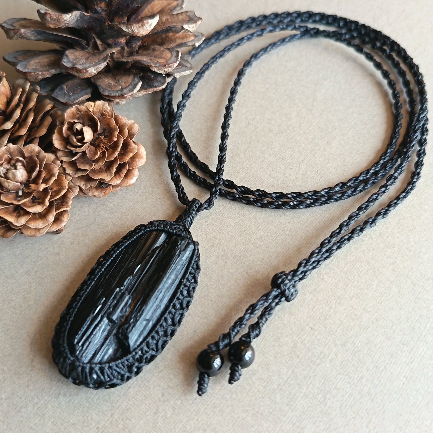 Black Tourmaline Macrame Necklace | Pendant size 5.7 cm