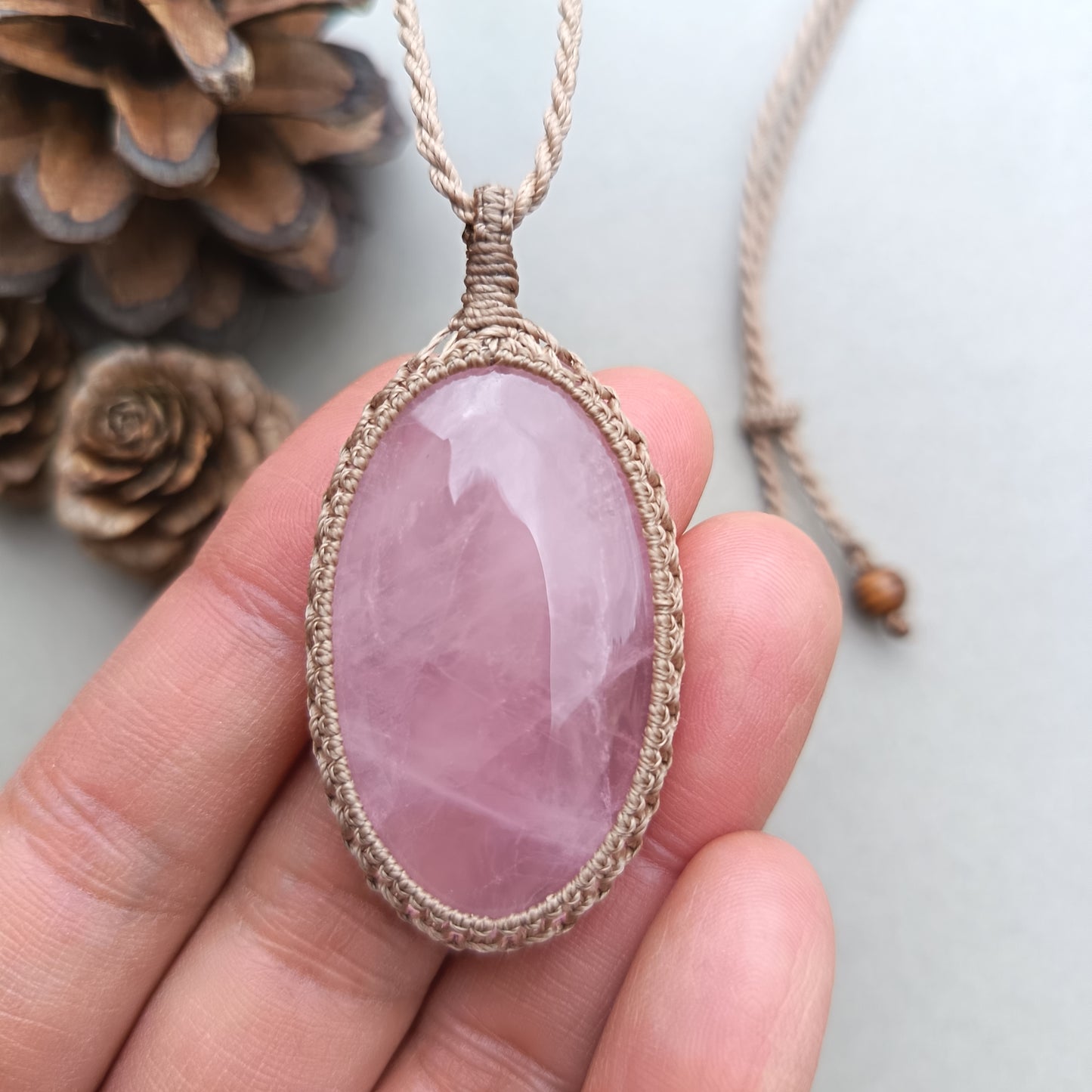 Rose Quartz Macrame Necklace | Pendant size 5.4 cm