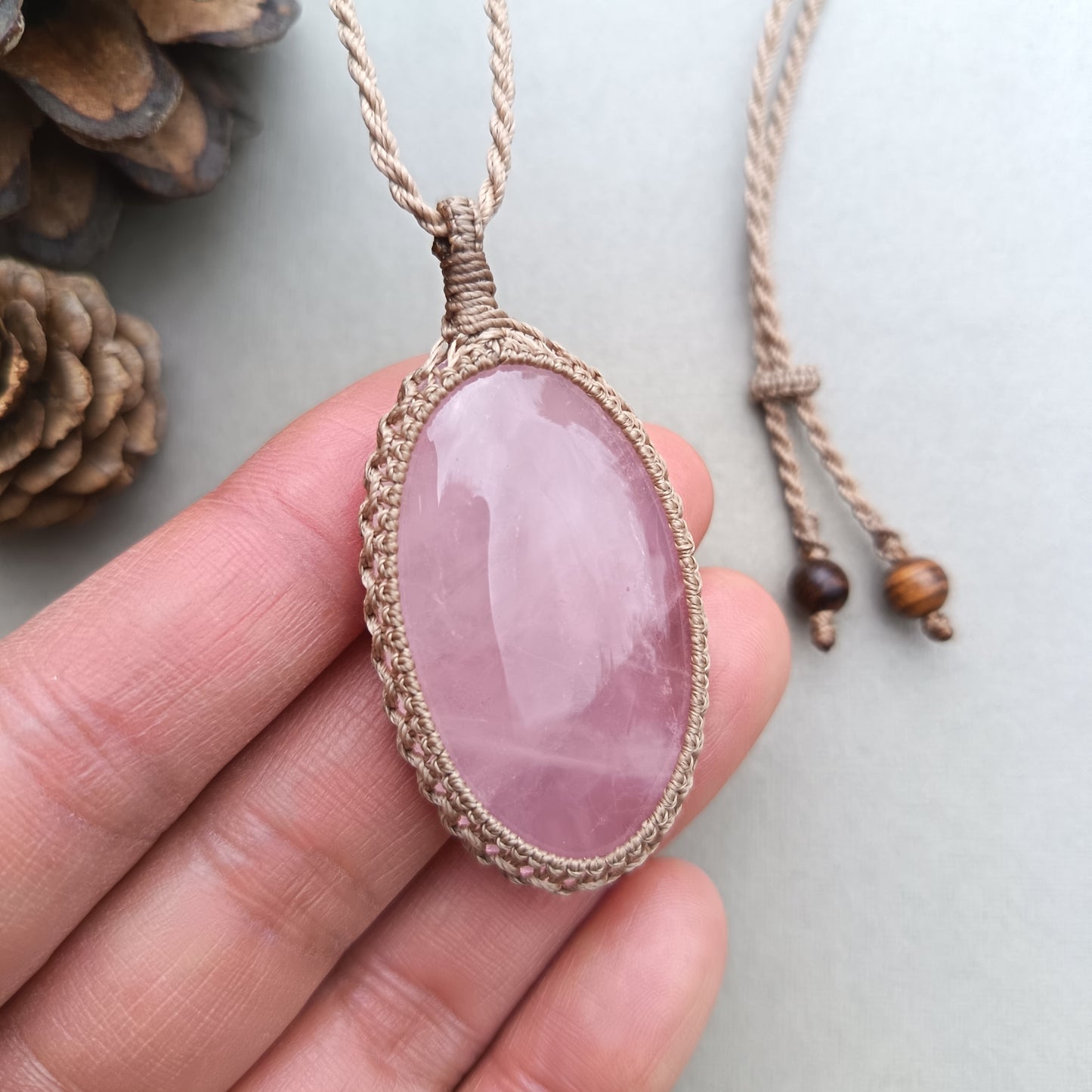 Rose Quartz Macrame Necklace | Pendant size 5.4 cm