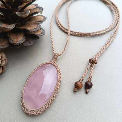 Rose Quartz Macrame Necklace | Pendant size 5.4 cm