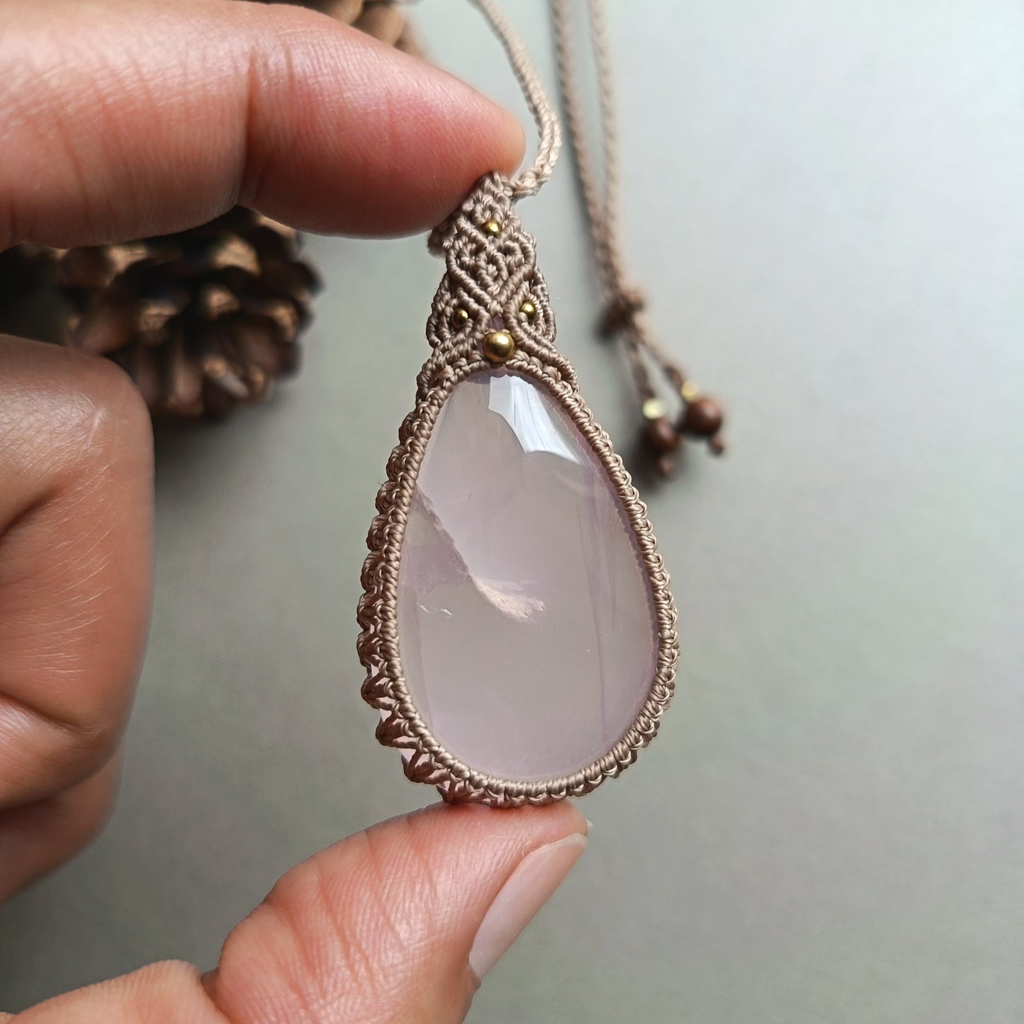 Rose Quartz Macrame Necklace | Pendant size 5.5 cm