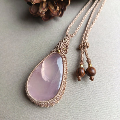 Rose Quartz Macrame Necklace | Pendant size 5.5 cm
