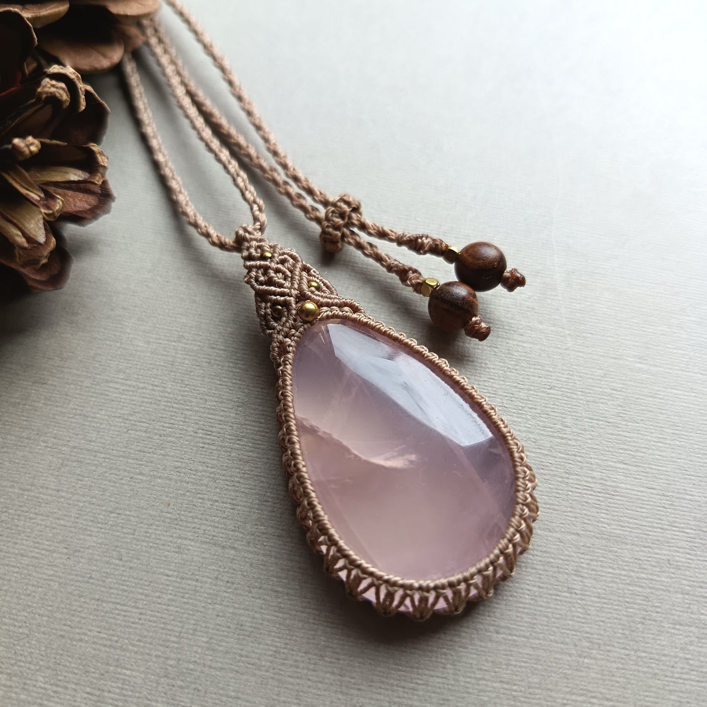 Rose Quartz Macrame Necklace | Pendant size 5.5 cm