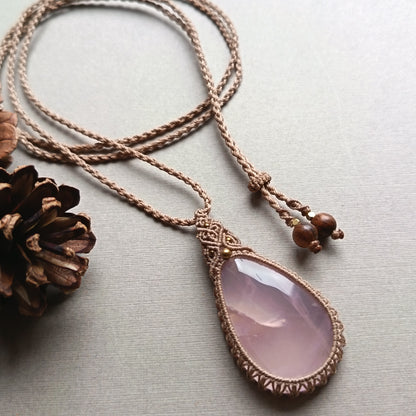 Rose Quartz Macrame Necklace | Pendant size 5.5 cm