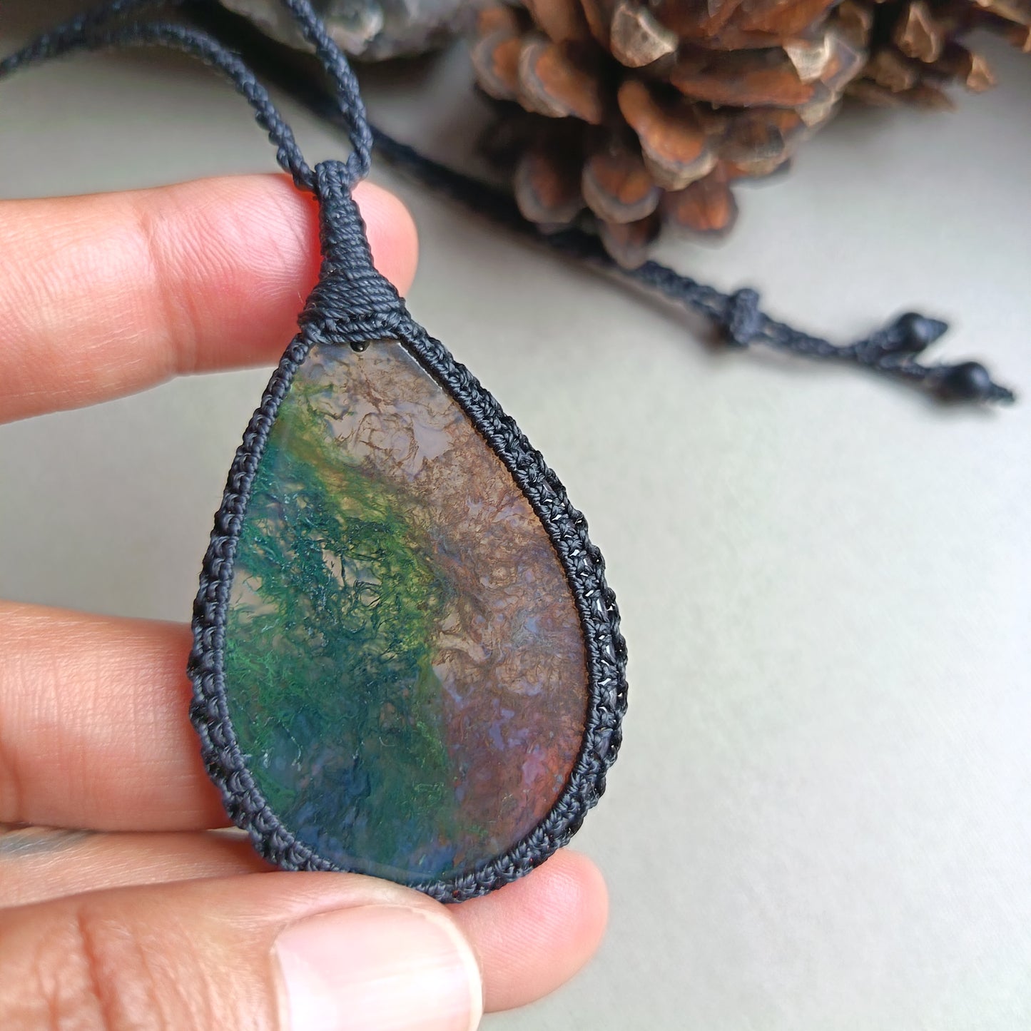 Moss Agate Macrame Necklace | Pendant size 6 cm
