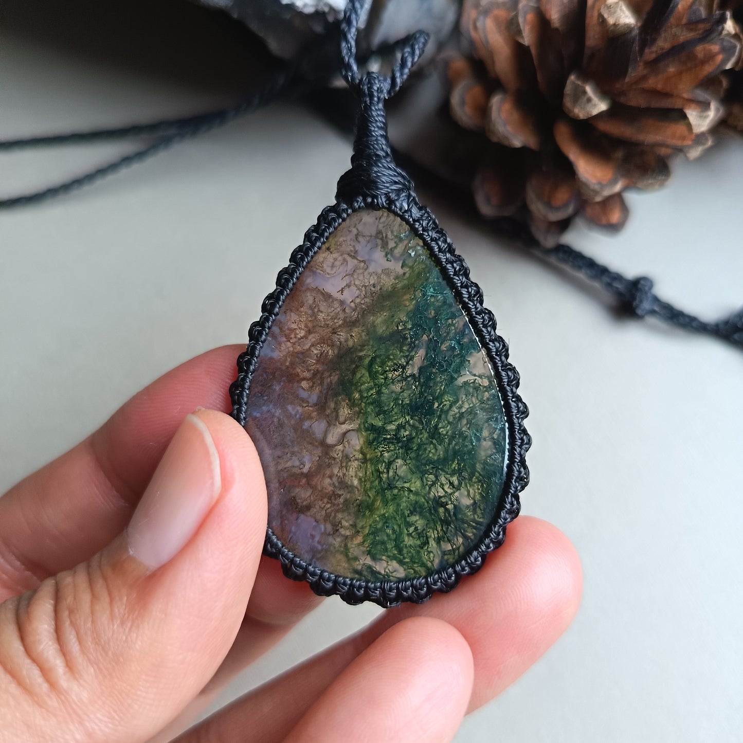Moss Agate Macrame Necklace | Pendant size 6 cm