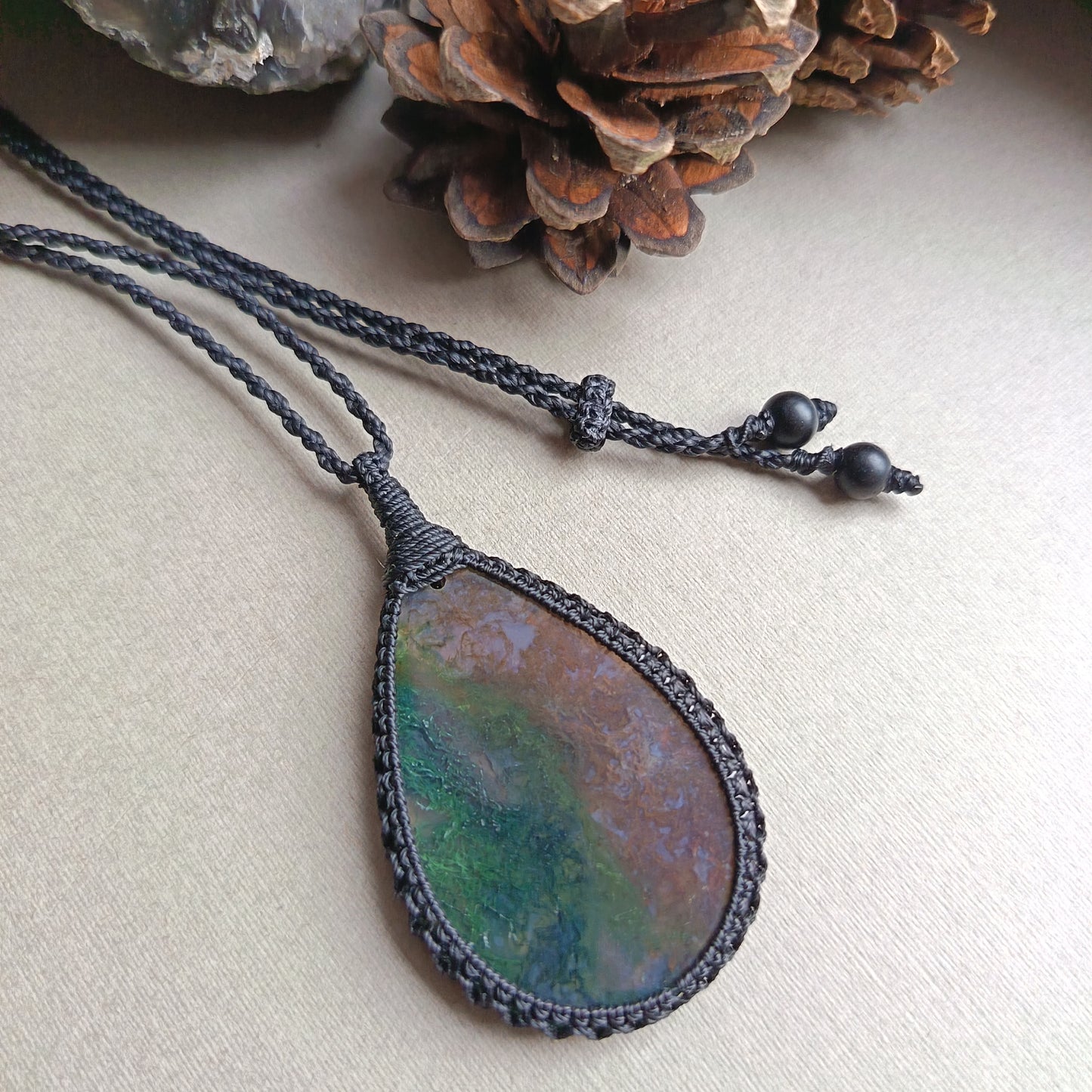 Moss Agate Macrame Necklace | Pendant size 6 cm
