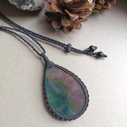 Moss Agate Macrame Necklace | Pendant size 6 cm