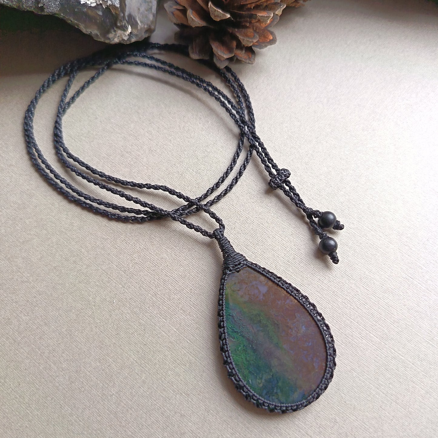 Moss Agate Macrame Necklace | Pendant size 6 cm