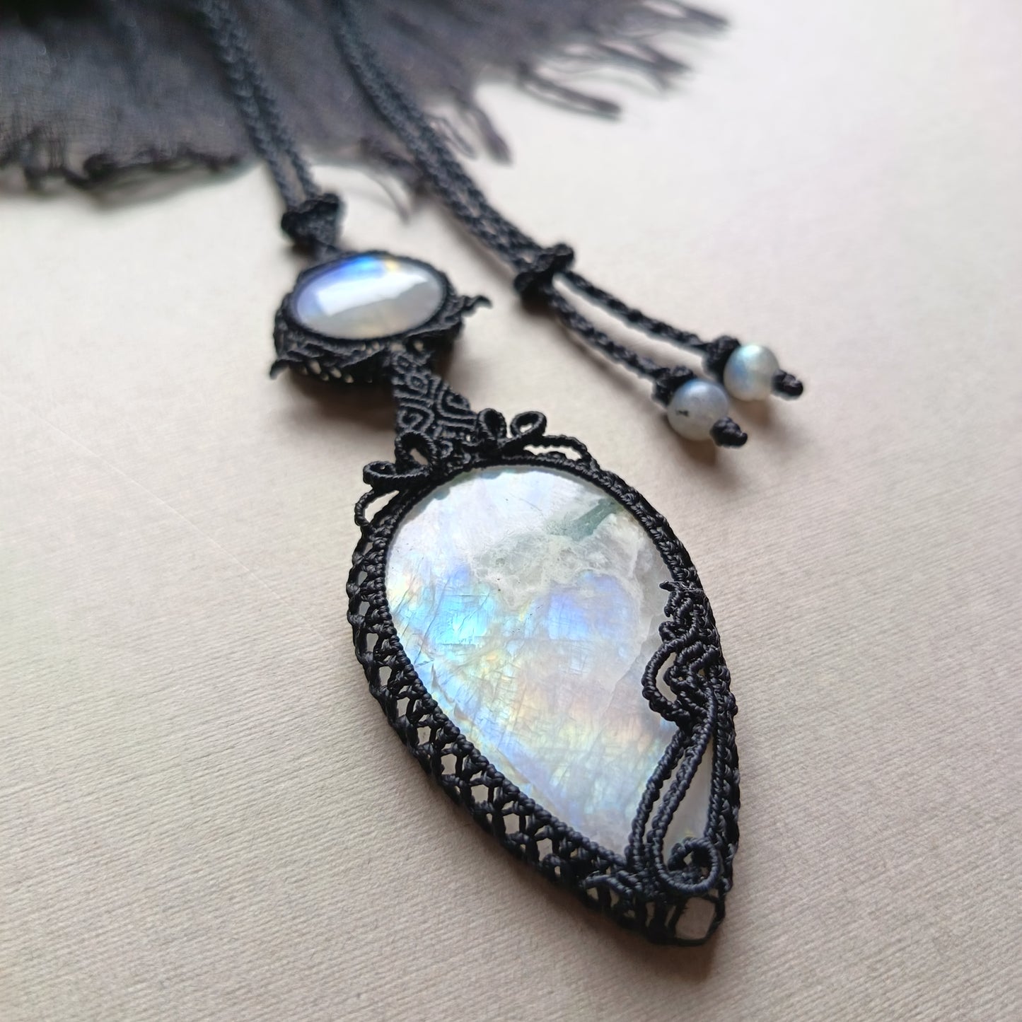 Moonstone Macrame Necklace | Pendant size 9.5 cm