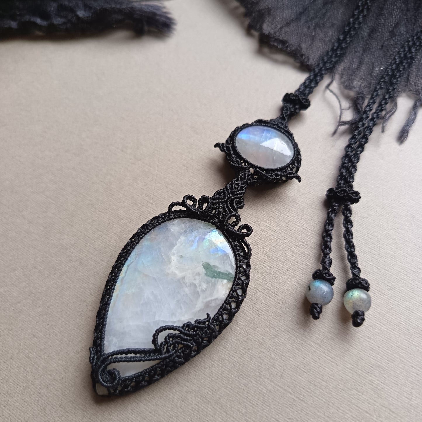 Moonstone Macrame Necklace | Pendant size 9.5 cm