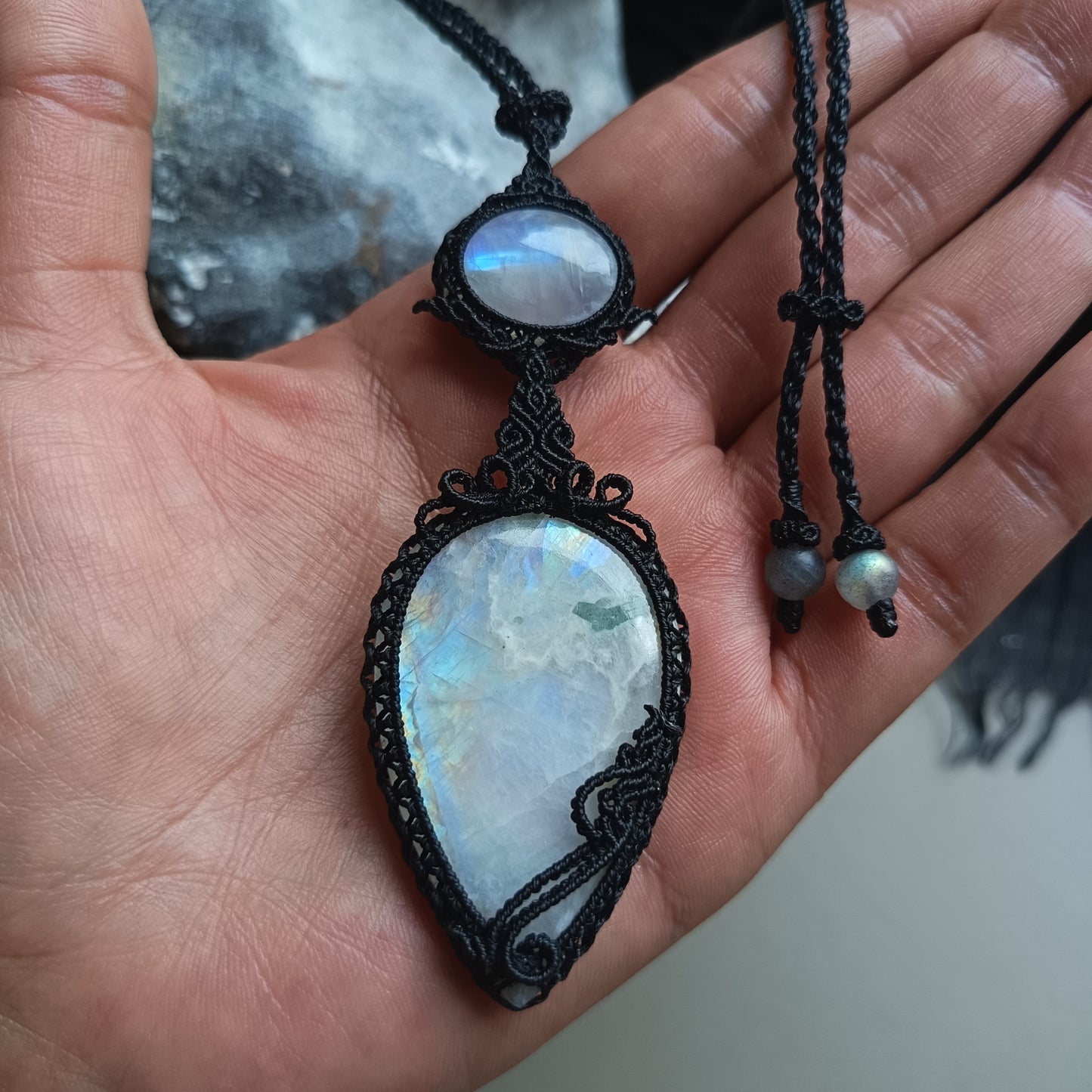 Moonstone Macrame Necklace | Pendant size 9.5 cm