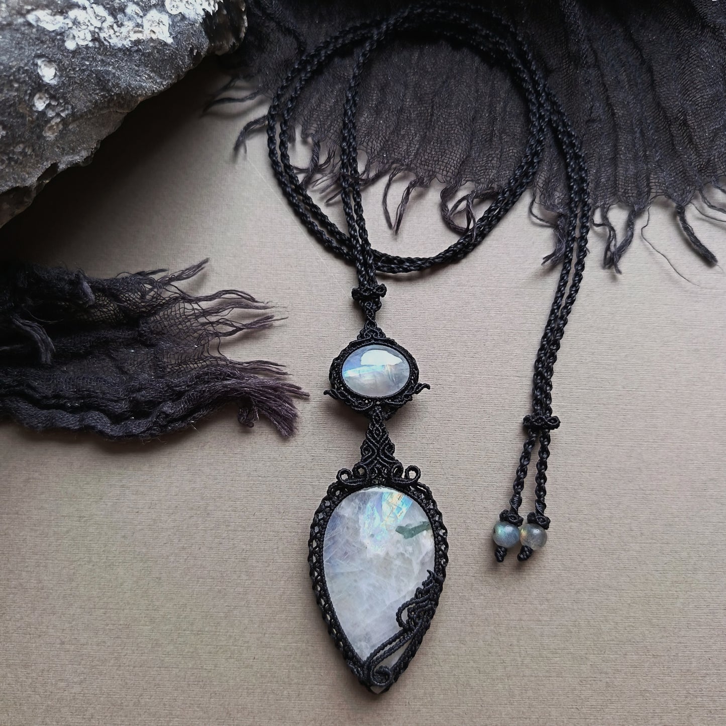 Moonstone Macrame Necklace | Pendant size 9.5 cm