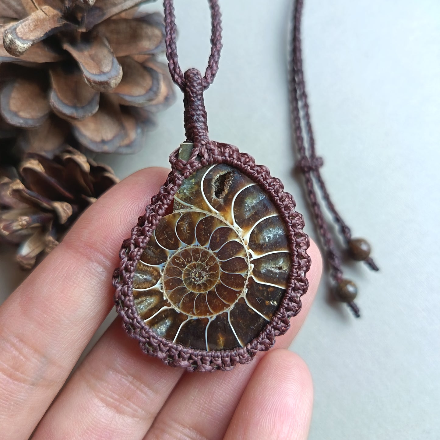 Ammonite Fossil Macrame Necklace | Pendant size 5.6 cm