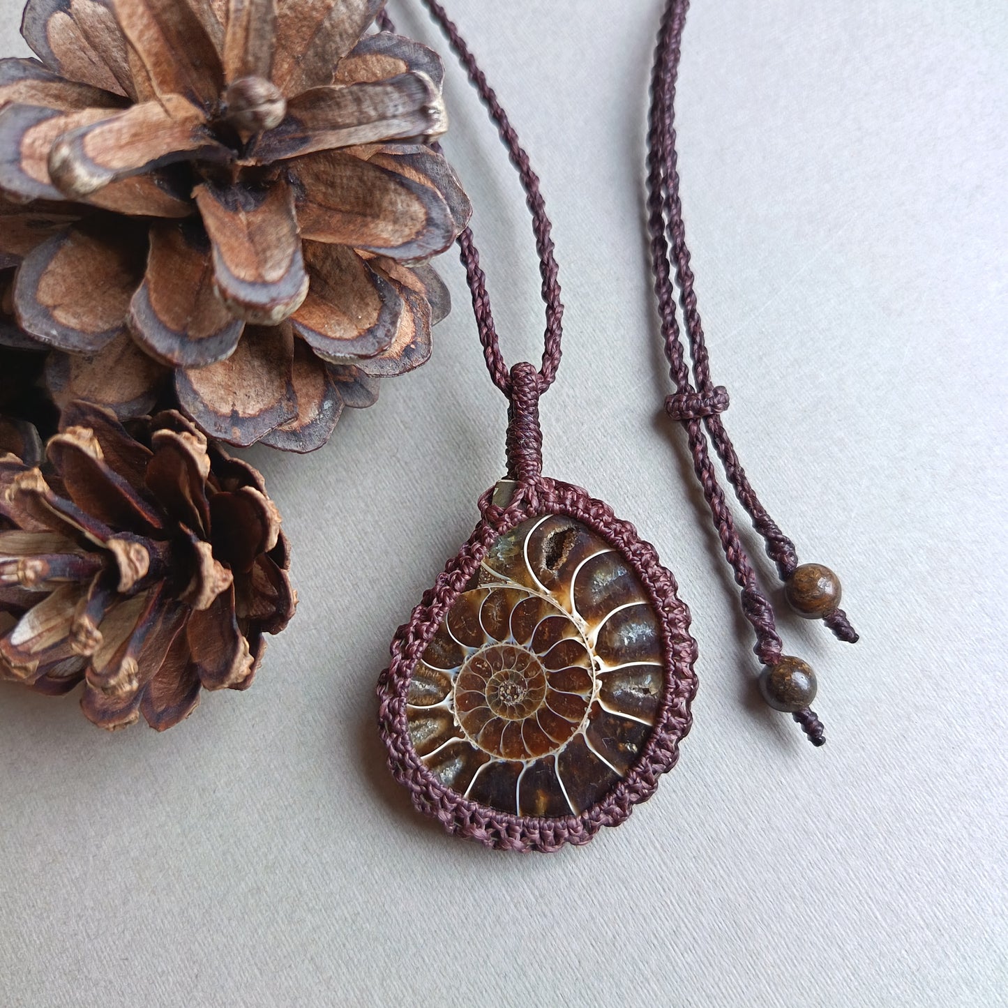 Ammonite Fossil Macrame Necklace | Pendant size 5.6 cm