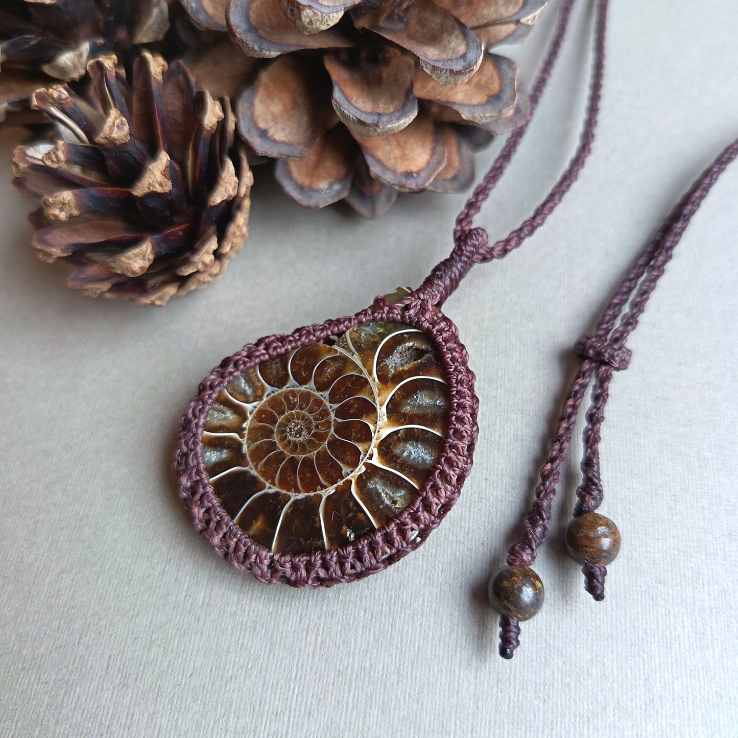 Ammonite Fossil Macrame Necklace | Pendant size 5.6 cm