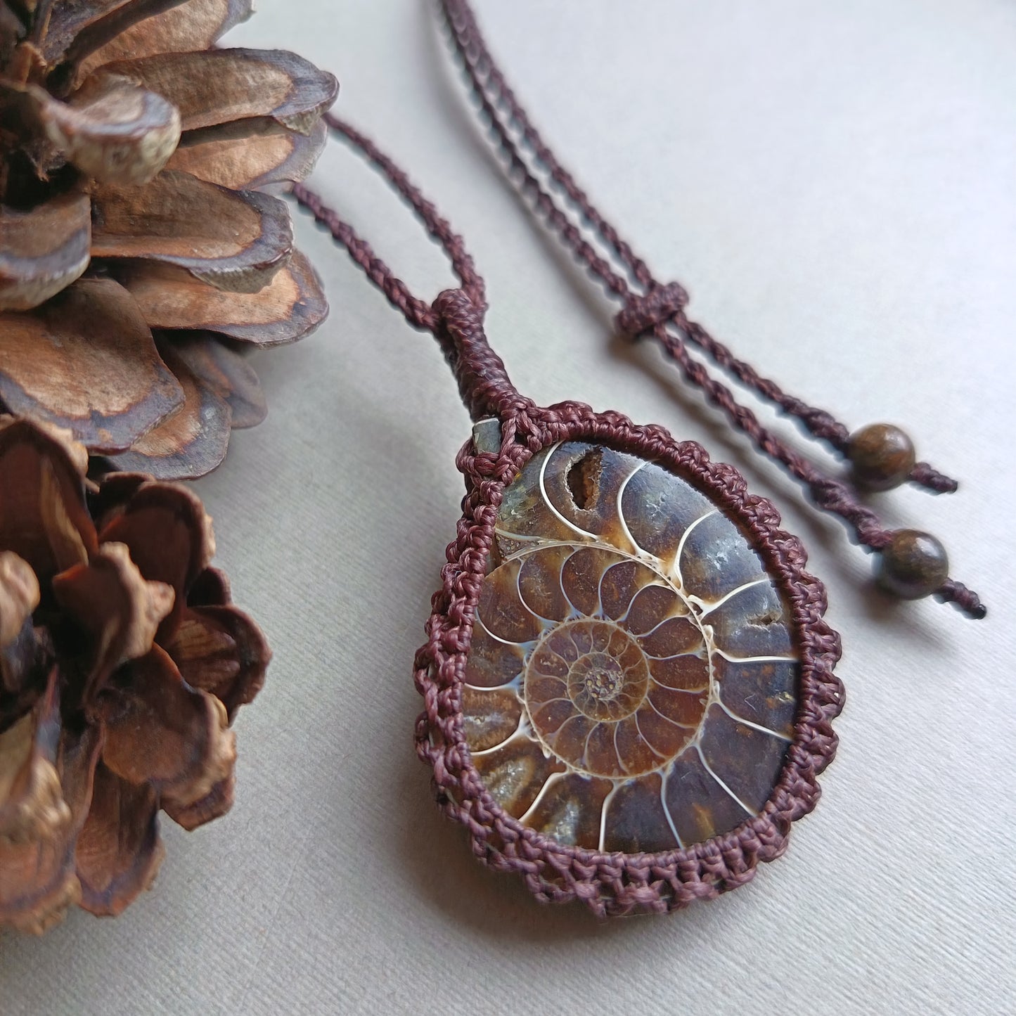 Ammonite Fossil Macrame Necklace | Pendant size 5.6 cm