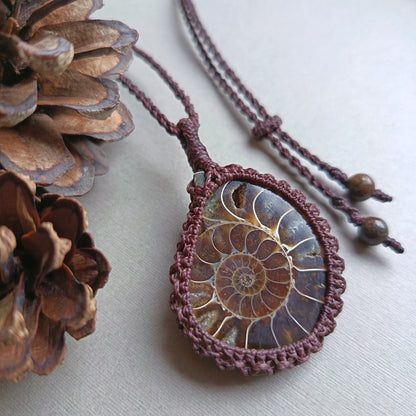 Ammonite Fossil Macrame Necklace | Pendant size 5.6 cm