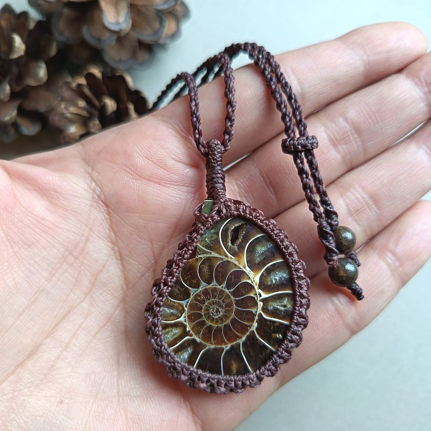 Ammonite Fossil Macrame Necklace | Pendant size 5.6 cm