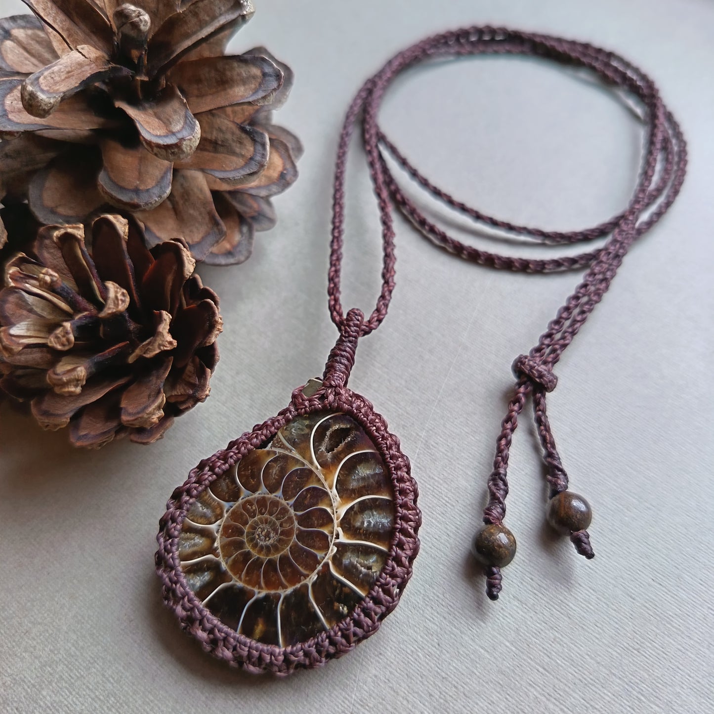 Ammonite Fossil Macrame Necklace | Pendant size 5.6 cm