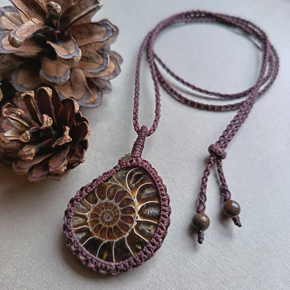 Ammonite Fossil Macrame Necklace | Pendant size 5.6 cm