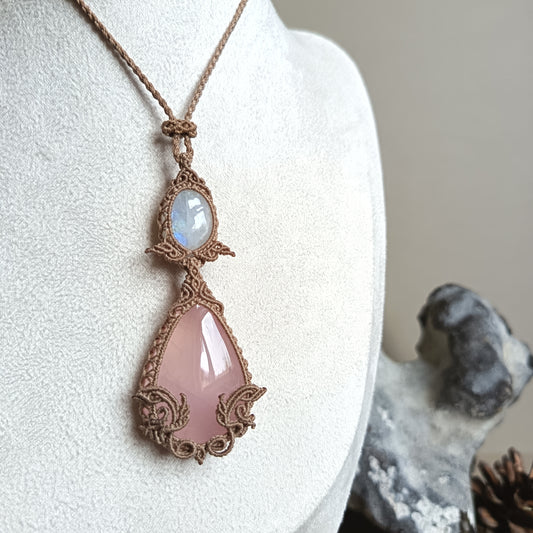 Rose Quartz Moonstone Macrame Necklace | Pendant size 8 cm