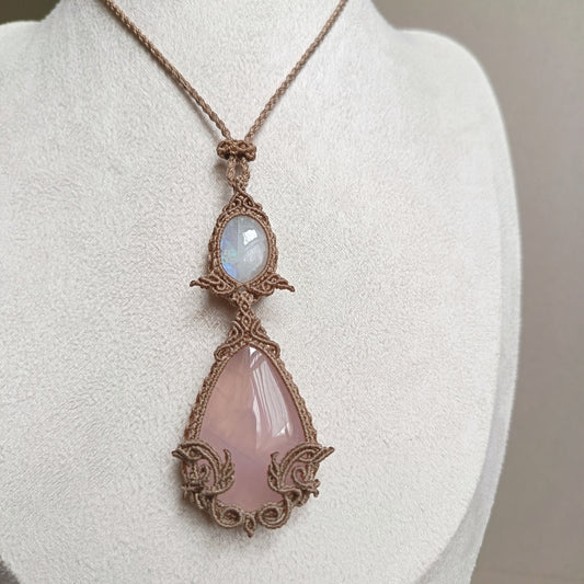 Rose Quartz Moonstone Macrame Necklace | Pendant size 8 cm