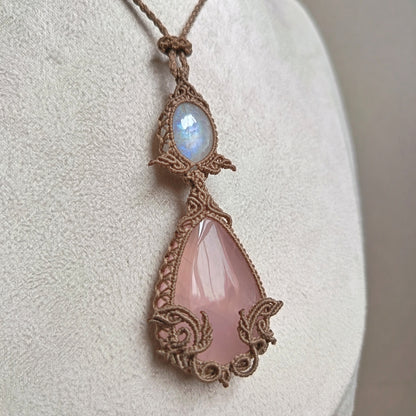 Rose Quartz Moonstone Macrame Necklace | Pendant size 8 cm