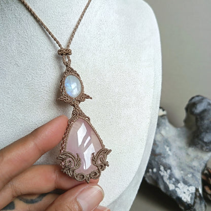 Rose Quartz Moonstone Macrame Necklace | Pendant size 8 cm