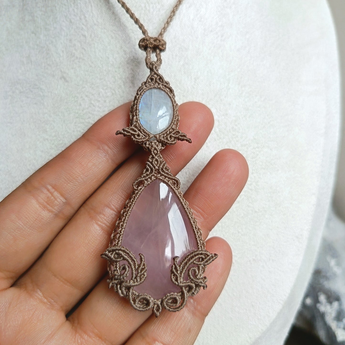 Rose Quartz Moonstone Macrame Necklace | Pendant size 8 cm