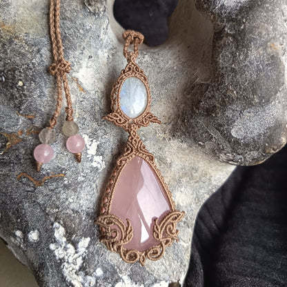 Rose Quartz Moonstone Macrame Necklace | Pendant size 8 cm