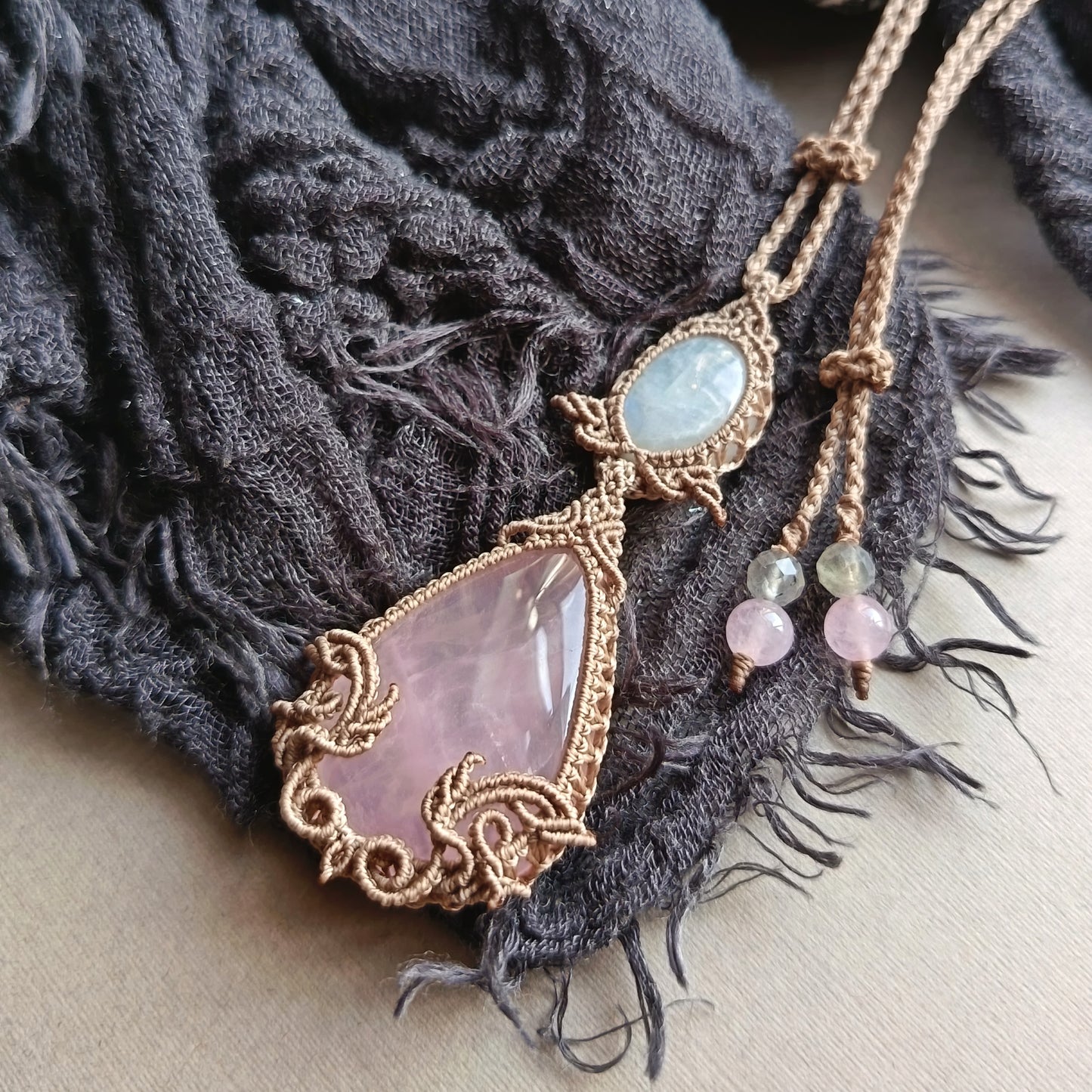Rose Quartz Moonstone Macrame Necklace | Pendant size 8 cm
