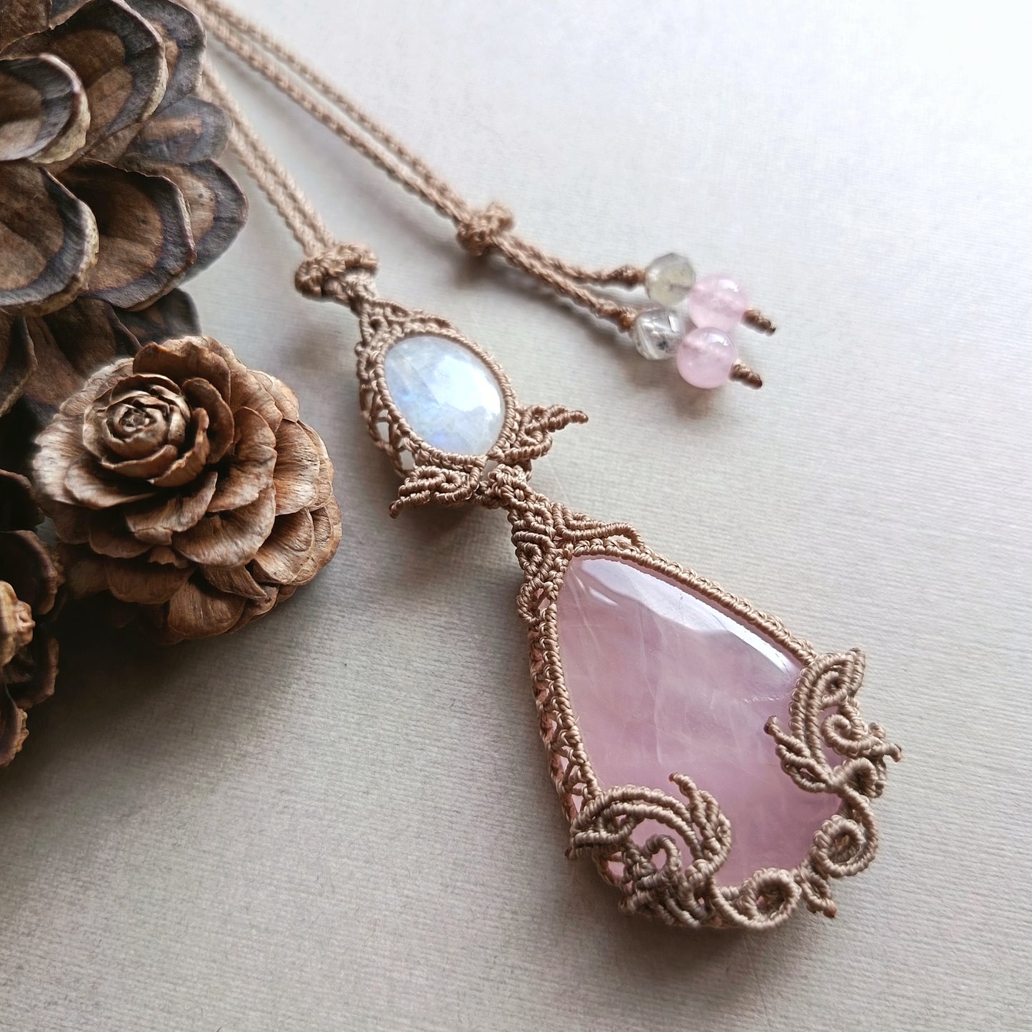 Rose Quartz Moonstone Macrame Necklace | Pendant size 8 cm